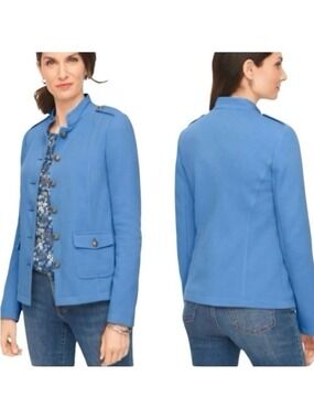 Talbots Blue Knit Military Jacket Epaulette Button Front Size 16P